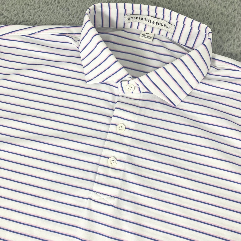 Holderness & Bourne Polo Shirt Mens XL Purple White Stripped Golf Performance